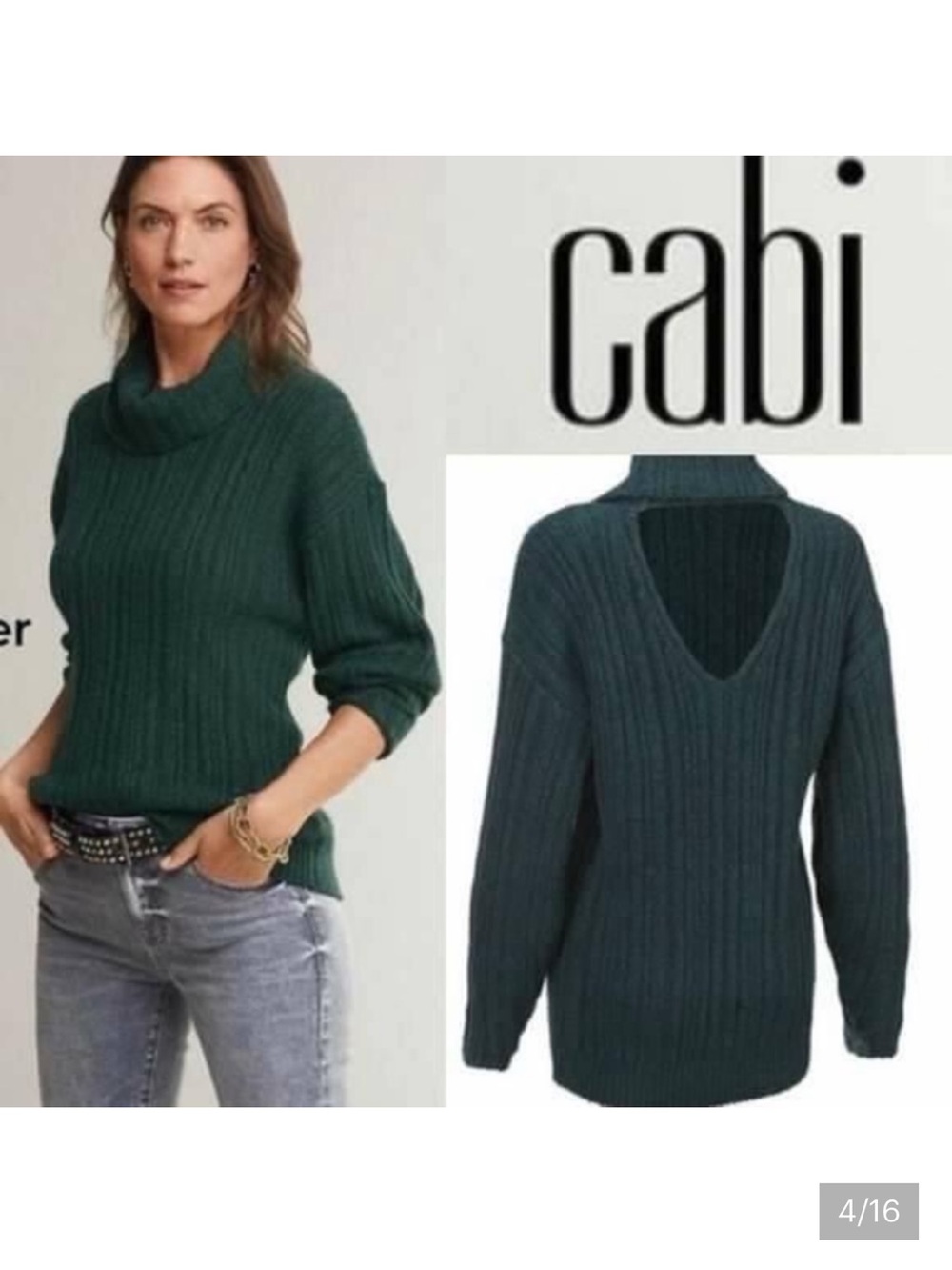 CAbi Tryst Pullover Teal Shadow Ribbed Funnel Neck Sweater with V-Back